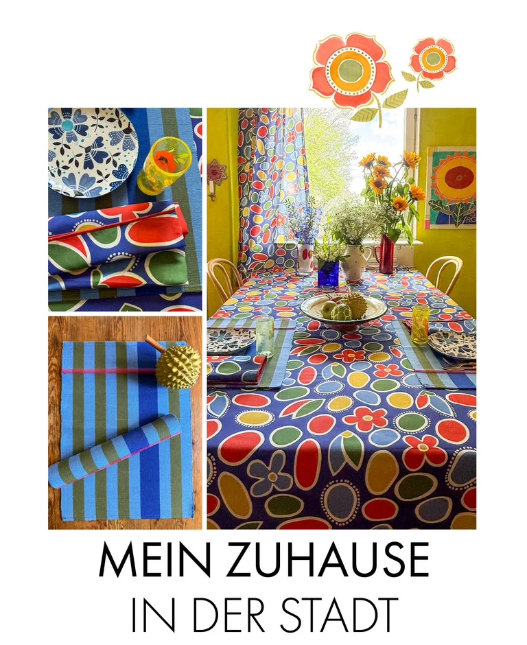A collage with colorful and patterned home textiles in a kitchen. The collage is decorated with images of watercolor flowers. 