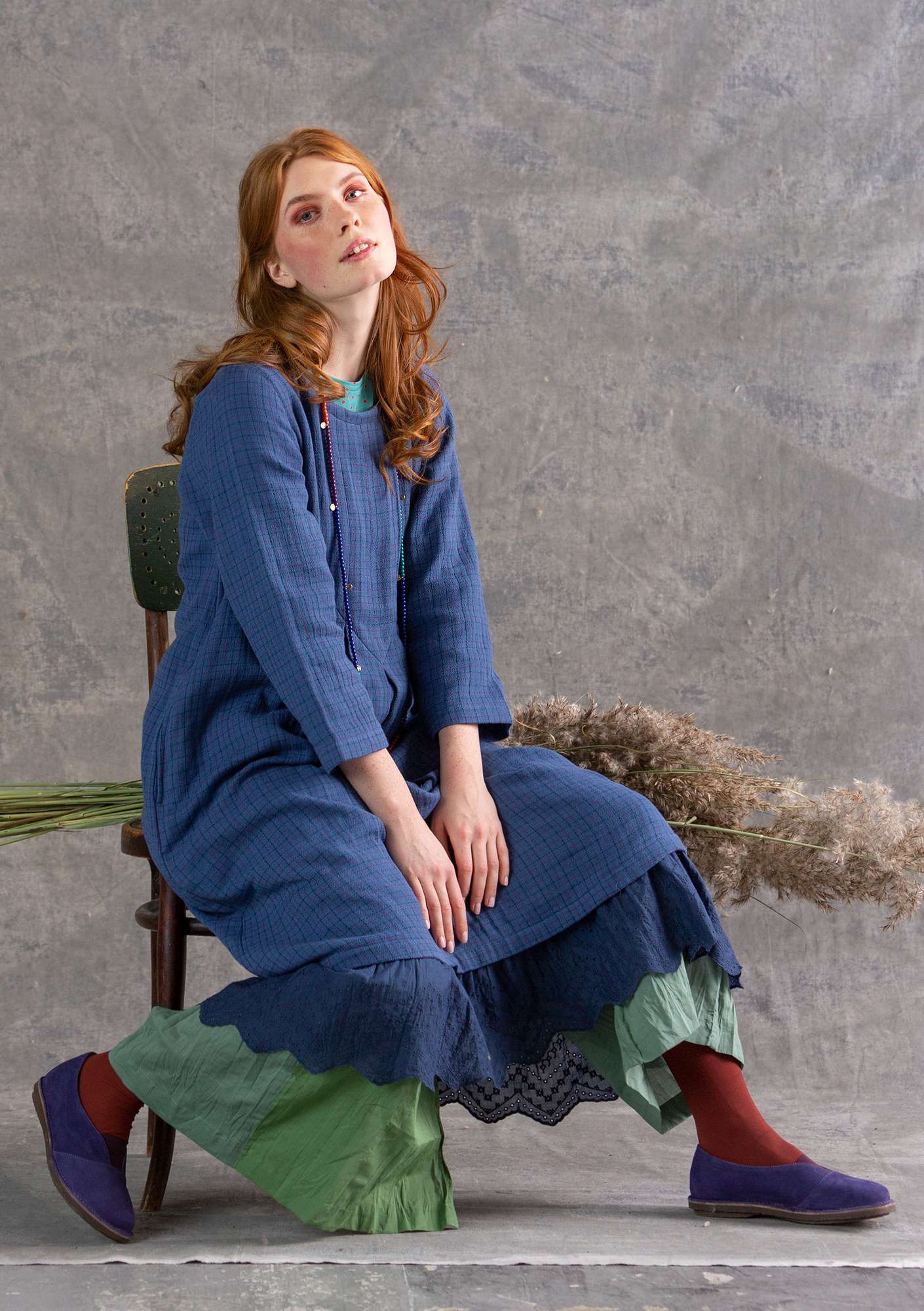 “Galia” woven organic cotton dress flax blue thumbnail