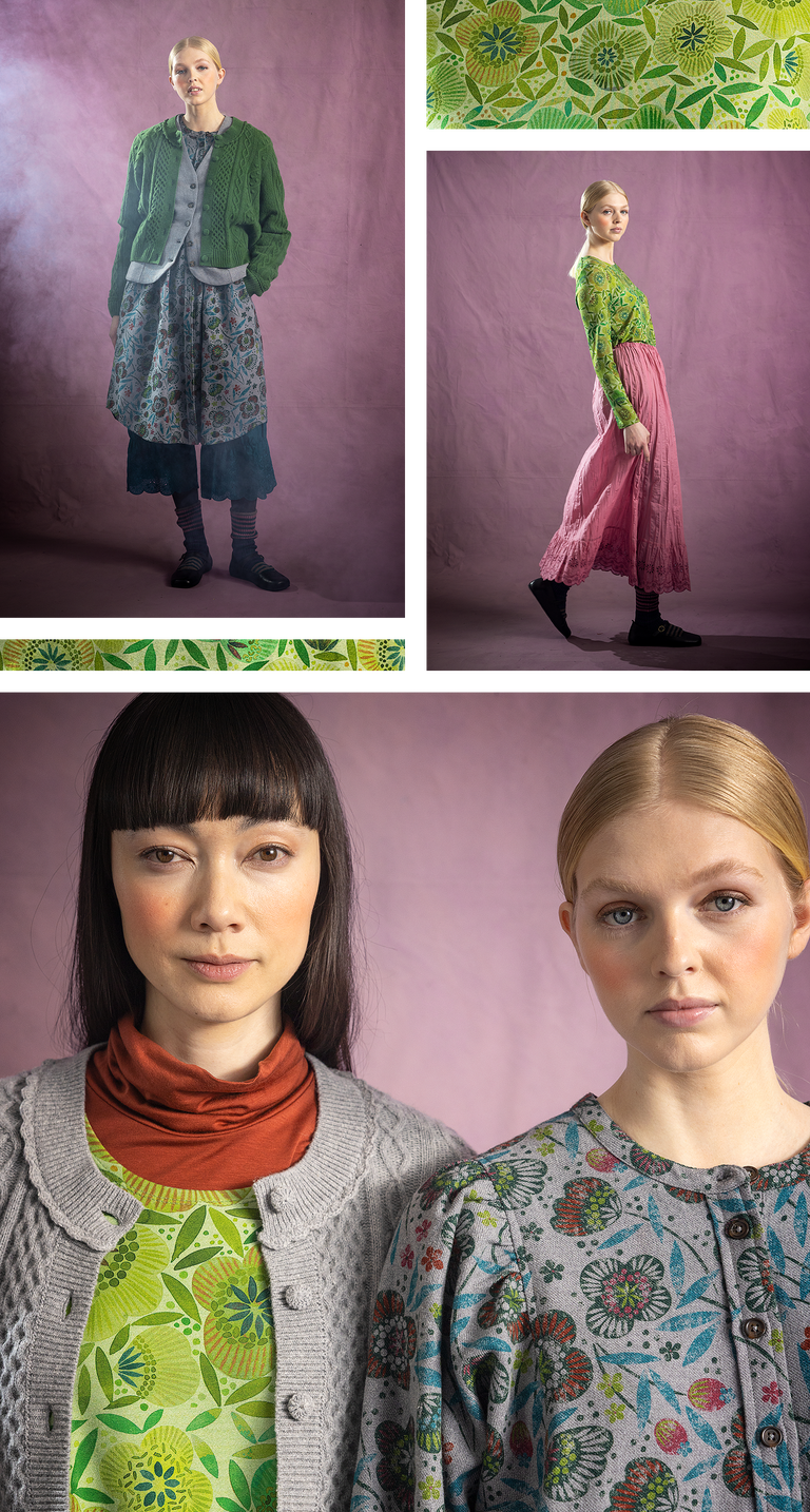 A collage of women wearing clothing from Gudrun Sjödén and a closeup of patterned green fabric.