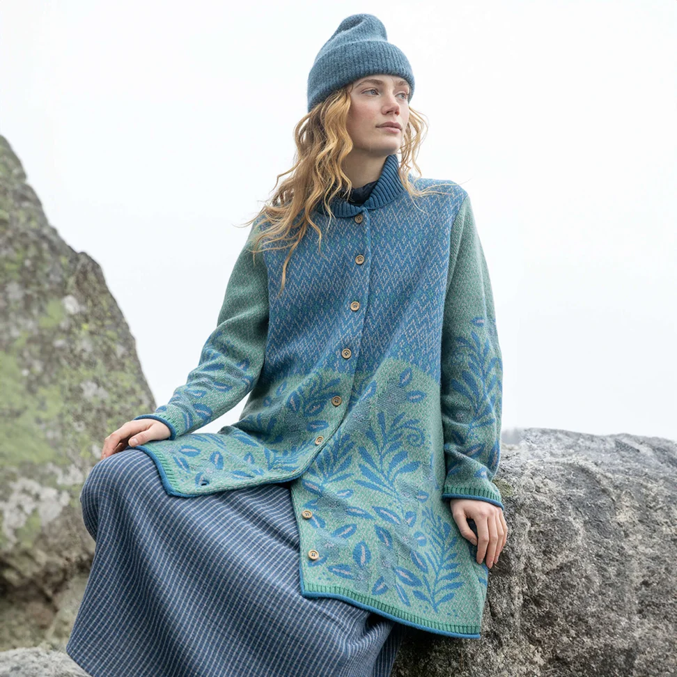 “Nova Scotia” lambswool long cardigan - indigofera/patterned