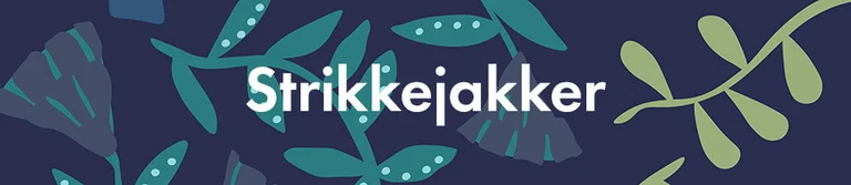 Et blått mønster med teksten «Strikkejakker» i hvitt. 