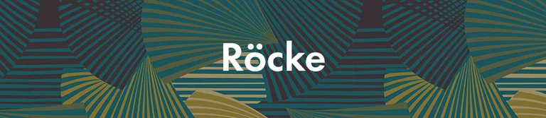 Ein Muster in Blau, Grün und Gelb mit dem Wort „Röcke“ in Weiss. 