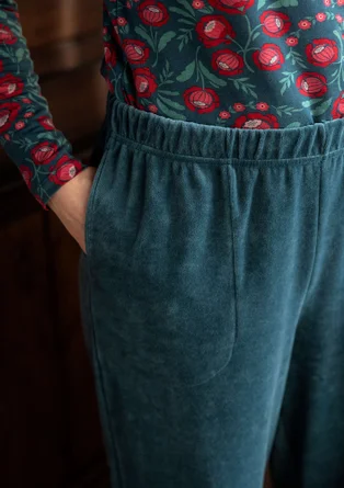 “Nora” velour pants in organic cotton/recycled polyester - indigo green