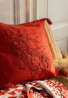Gebreide kussenhoes "Owl" van lamswol - koperrood