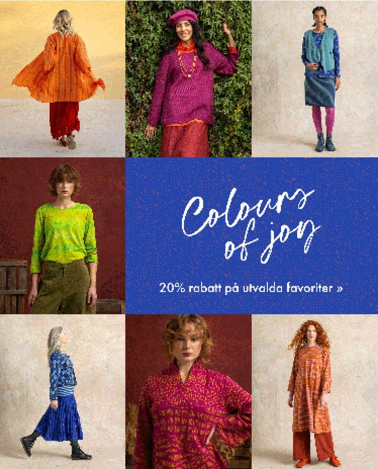A collage of multiple images of women wearing colourful clothes from Gudrun Sjödén.