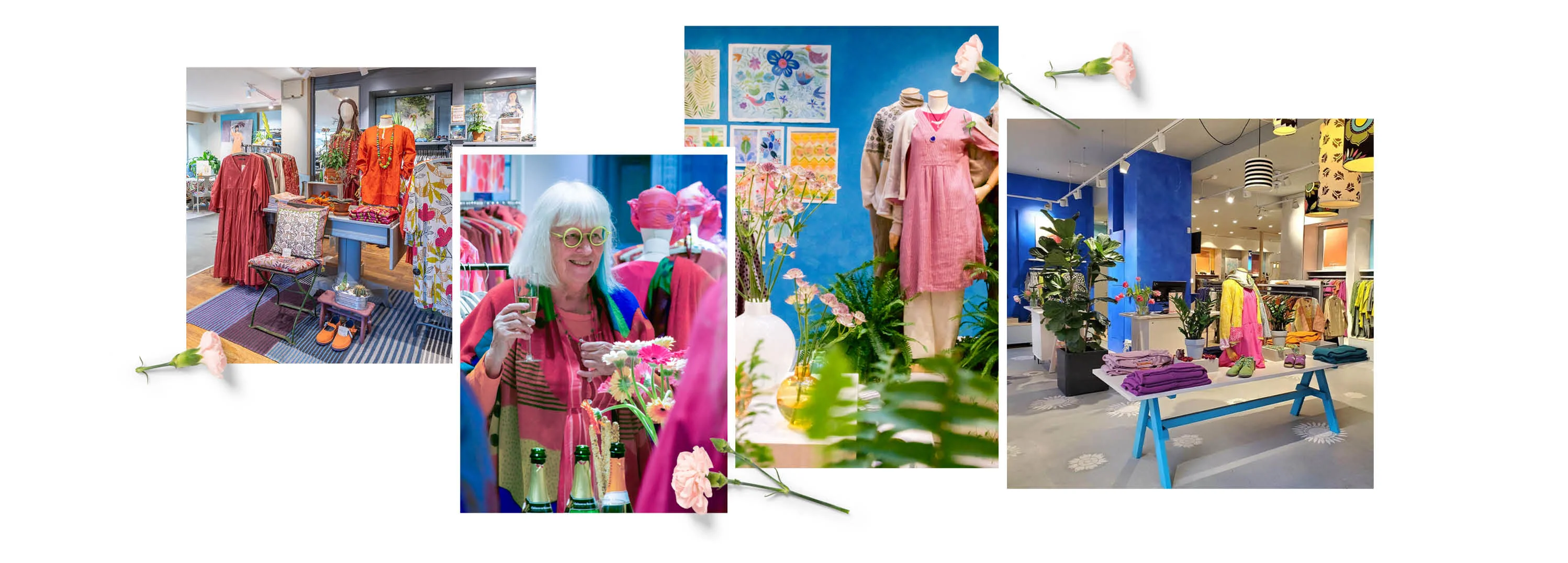 A collage of shots of Gudrun Sjödén’s stores. The collage is decorated with standout flowers.