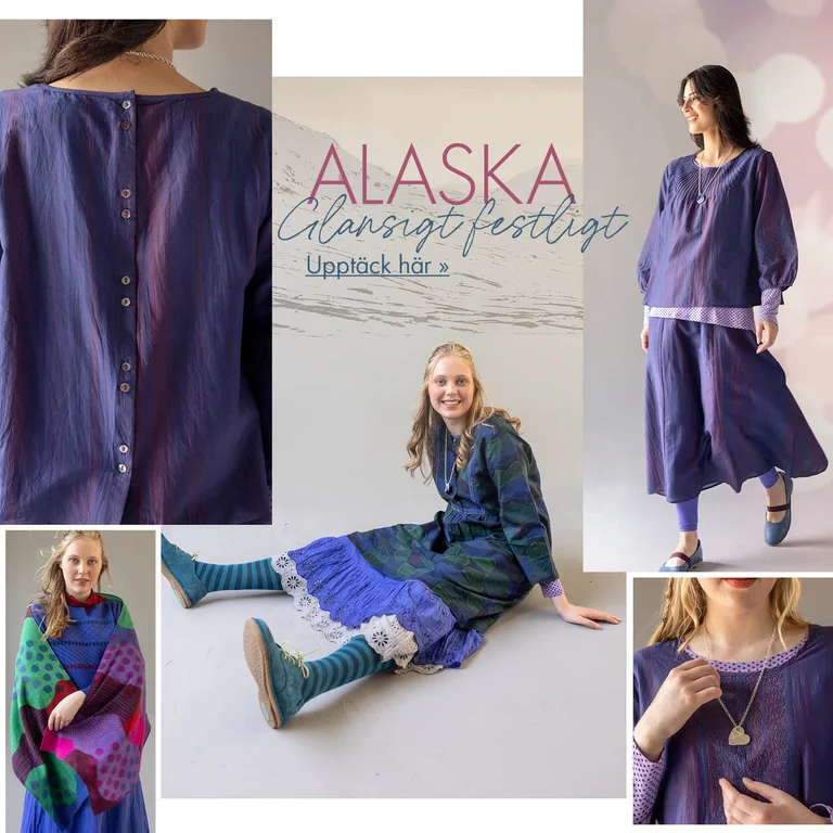 Ett kollage med kvinnor klädda i blålila plagg ur Gudrun Sjödéns julkollektion 2025.