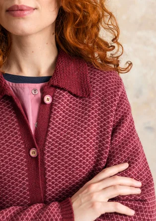 “Wilma” patterned and solid-colour long cardigan in lambswool - dark agate red melange/patterned