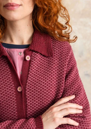 “Wilma” patterned and solid-colour long cardigan in lambswool - dark agate red melange/patterned