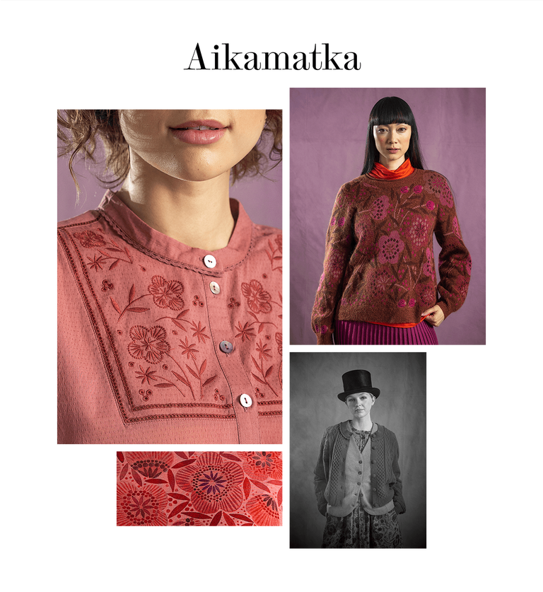 A collage of women wearing clothing from Gudrun Sjödén and a picture that looks like an old photo of a woman in a top hat. The collage also has a closeup of patterned red fabric.