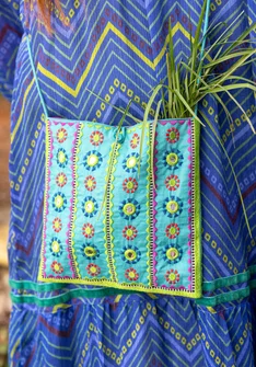 “Sunita” organic cotton embroidered bag - aqua green