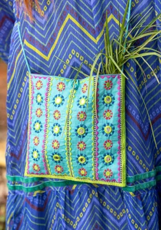 “Sunita” organic cotton embroidered bag - aqua green