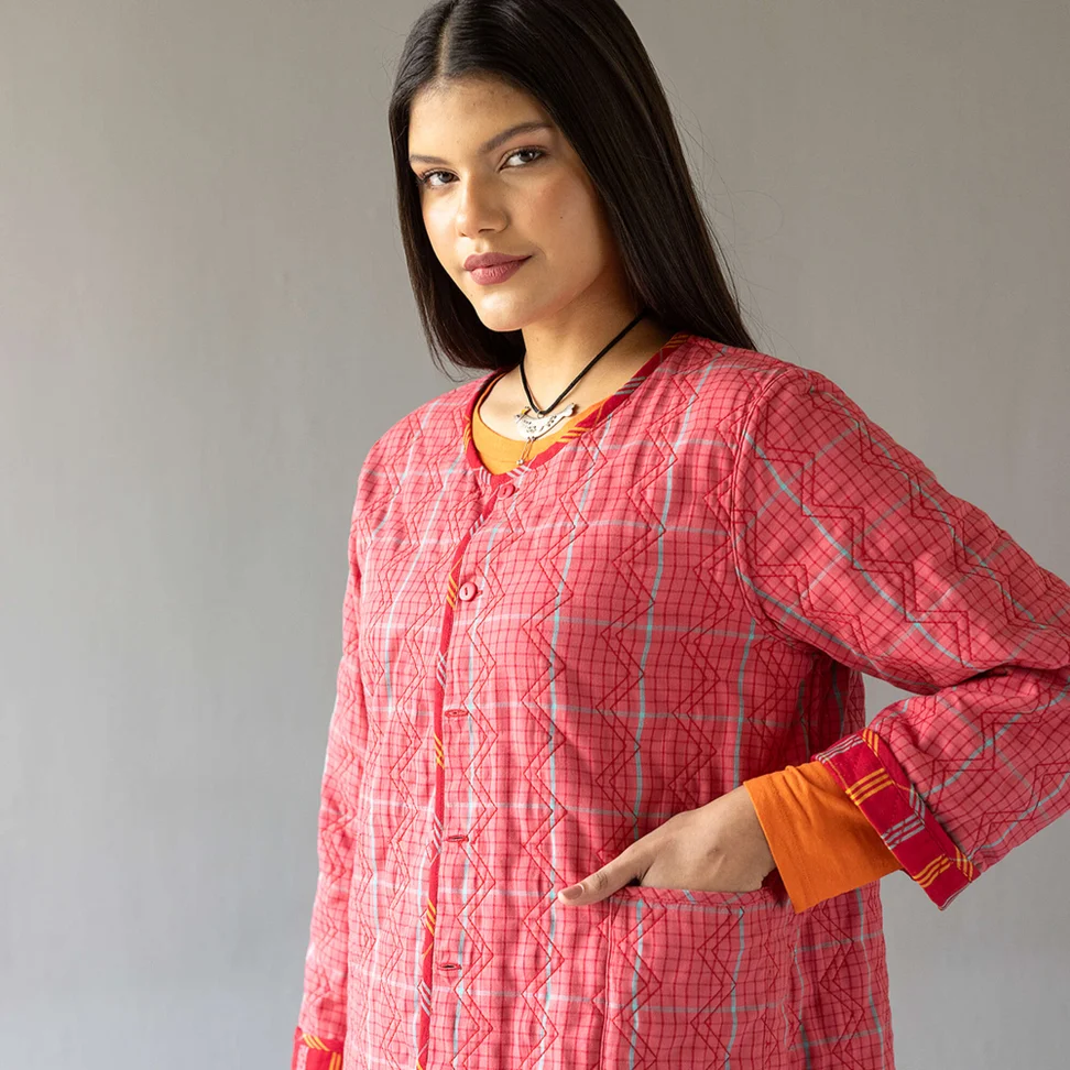 “Kerala” reversible checked jacket in organic cotton - parrot red