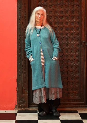 “Misty” recycled wool blend/recycled cotton long cardigan - light teal/melange