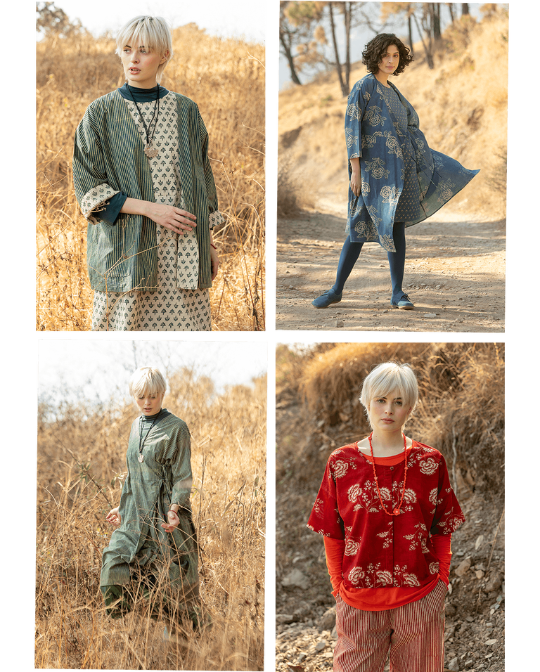 A collage with a row of five pictures of women wearing clothes from Gudrun Sjödén’s “Natural dyes” collection.