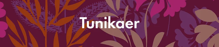 Et lilla mønster med teksten "Tunikaer" i hvid.