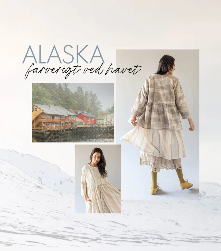 A collage with a snowy landscape, colourful houses and women wearing clothes from Gudrun Sjödén’s 2025 Christmas collection. 