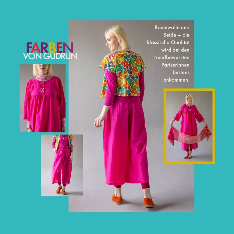 Vor türkisfarbenem Hintergrund eine Collage mit Bildern von Frauen in Modestücken aus Gudrun Sjödéns Paris-Kollektion.