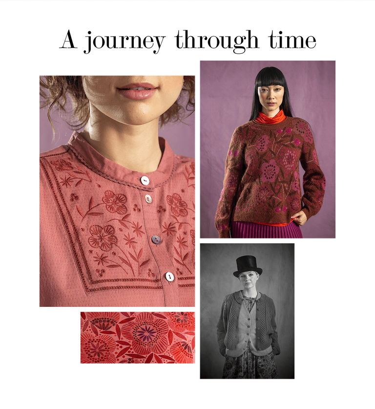 A collage of women wearing clothing from Gudrun Sjödén and a picture that looks like an old photo of a woman in a top hat. The collage also has a closeup of patterned red fabric.