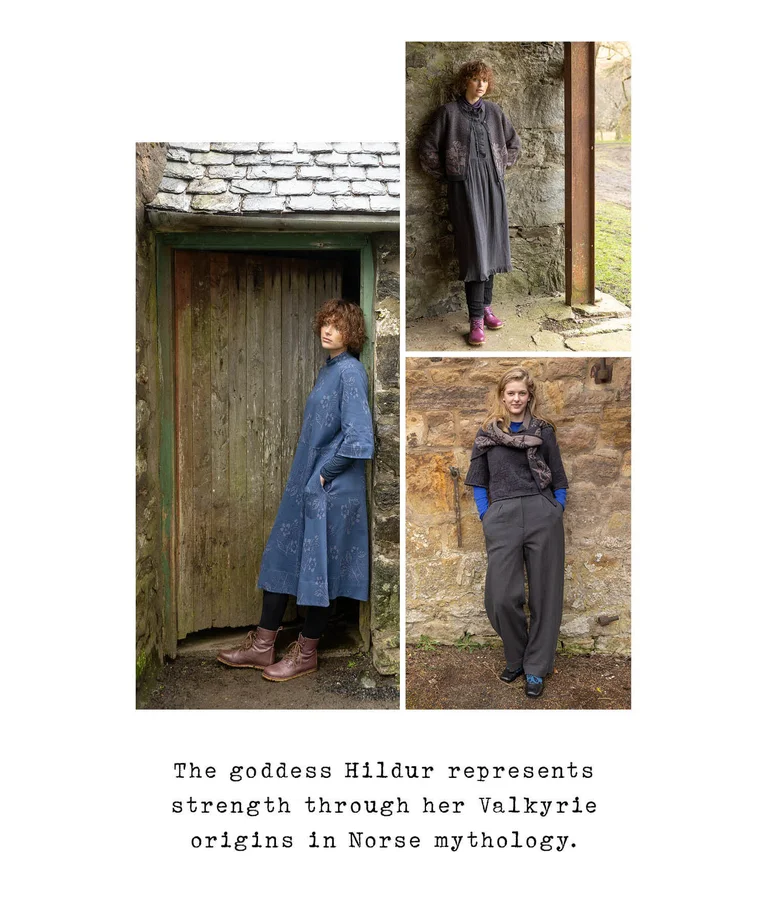 A collage with three pictures of women posing by a stone house, wearing layers of clothing in dark colors from Gudrun Sjödén.