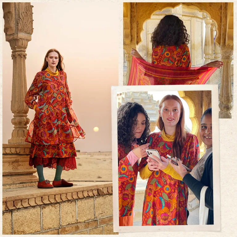A collage of women wearing patterned clothes from Gudrun Sjödén. 