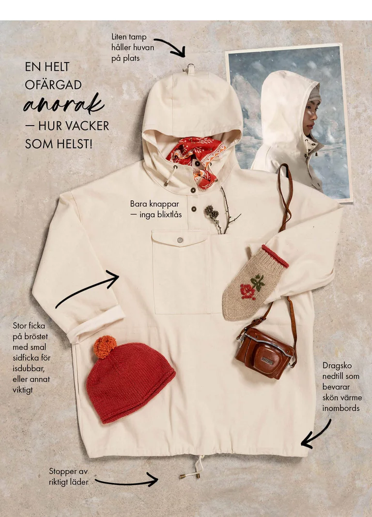 A picture with a white anorak. The picture also has several arrows and text for different details on the jacket.