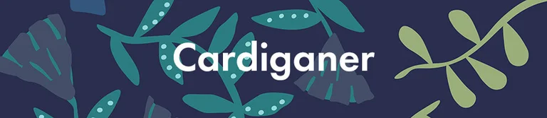 Et blåt mønster med teksten "Cardiganer" i hvid. 