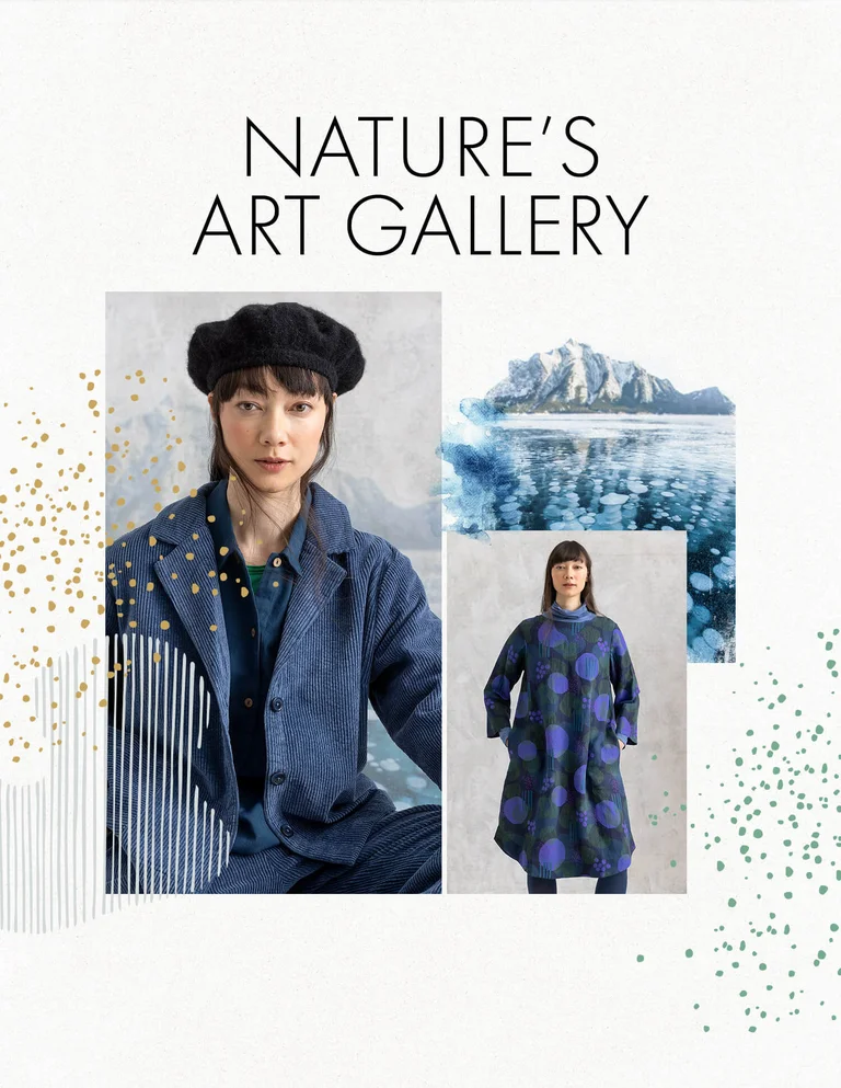A collage of pictures of clothes and accessories from Gudrun Sjödén’s 2025 winter collection. 