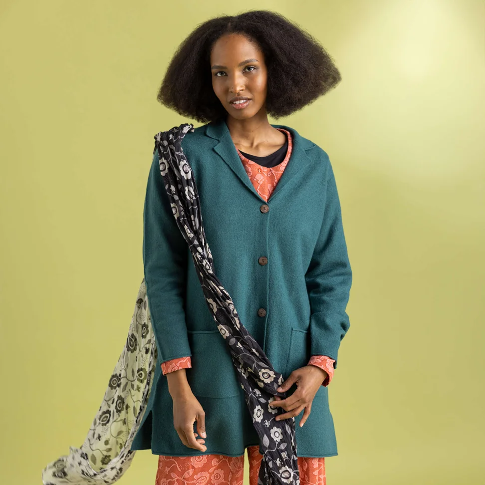 Knit long blazer in felted organic wool - peacock green