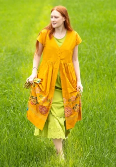 Ermeløs kjole «Cross» i økologisk bomull - sennep