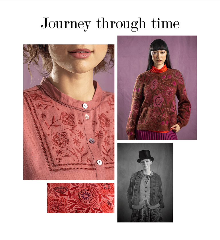 A collage of women wearing clothing from Gudrun Sjödén and a picture that looks like an old photo of a woman in a top hat. The collage also has a closeup of patterned red fabric.
