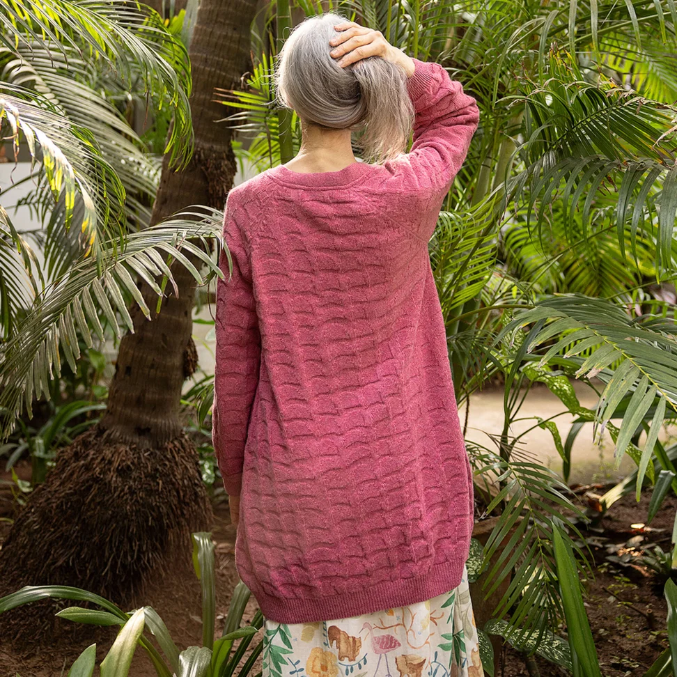 “Harriet” long cardigan in a recycled wool blend - rhubarb/melange