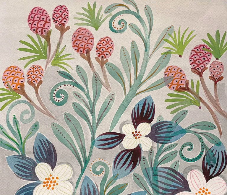 A watercolour with flowers and leaves from Gudrun Sjödén.