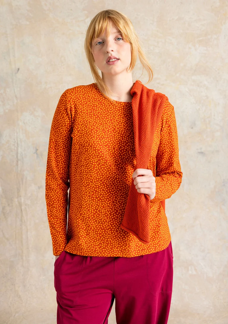 Gestippelde/effen tricot top "Ebba" van katoen/elastaan - pompoen/dessin