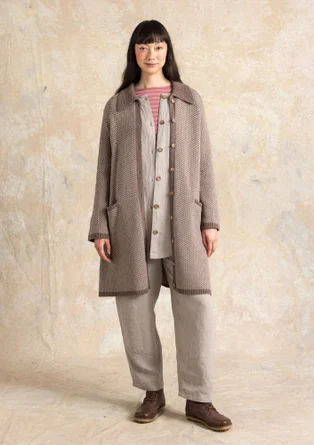 Gilet long uni et à motif "Wilma" en laine d'agneau - taupe chiné/motif