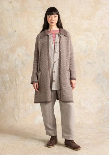 “Wilma” patterned and solid-colour long cardigan in lambswool - mole melange/patterned