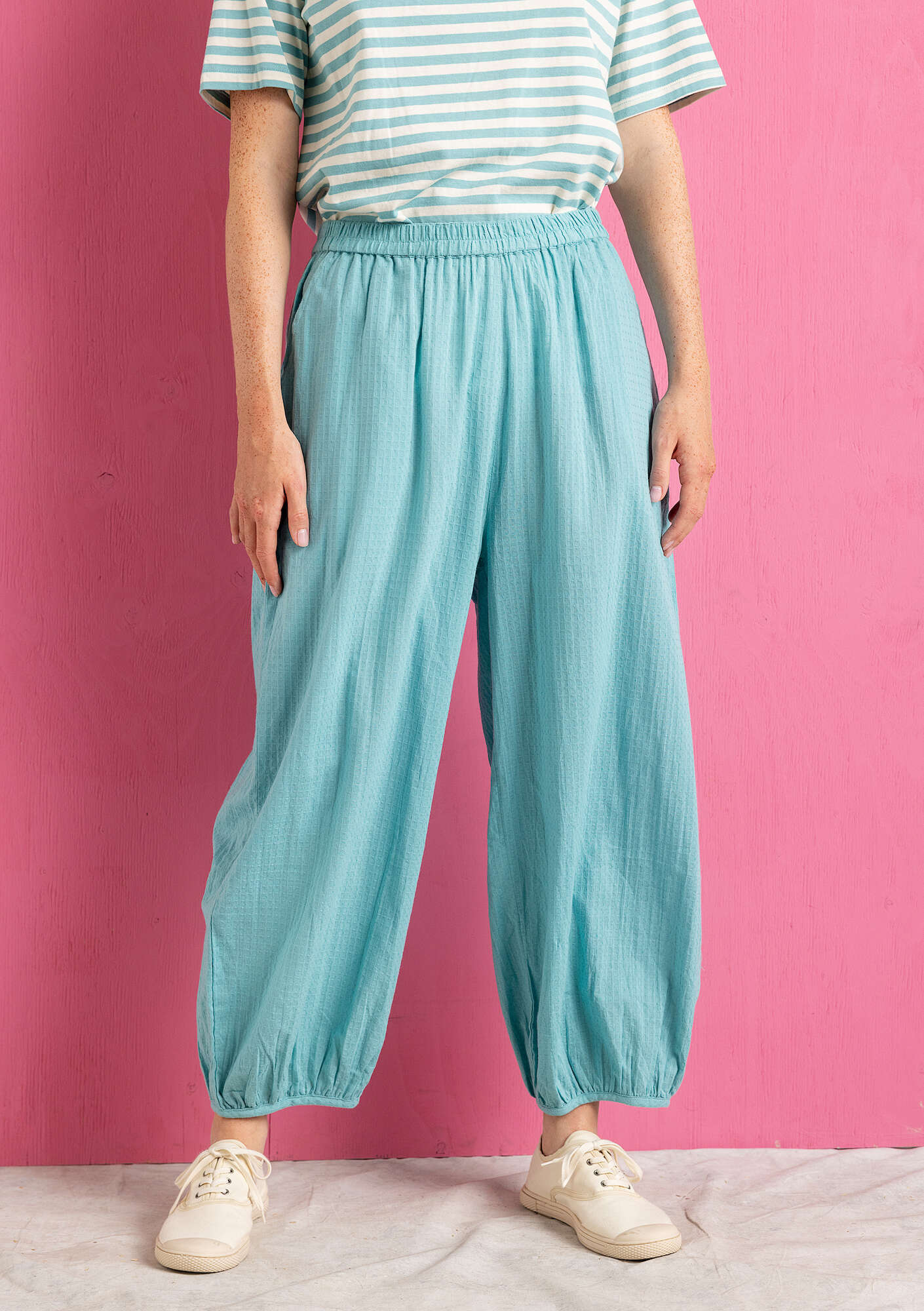 “Hilda” harem trousers in an organic cotton weave meadow stream thumbnail