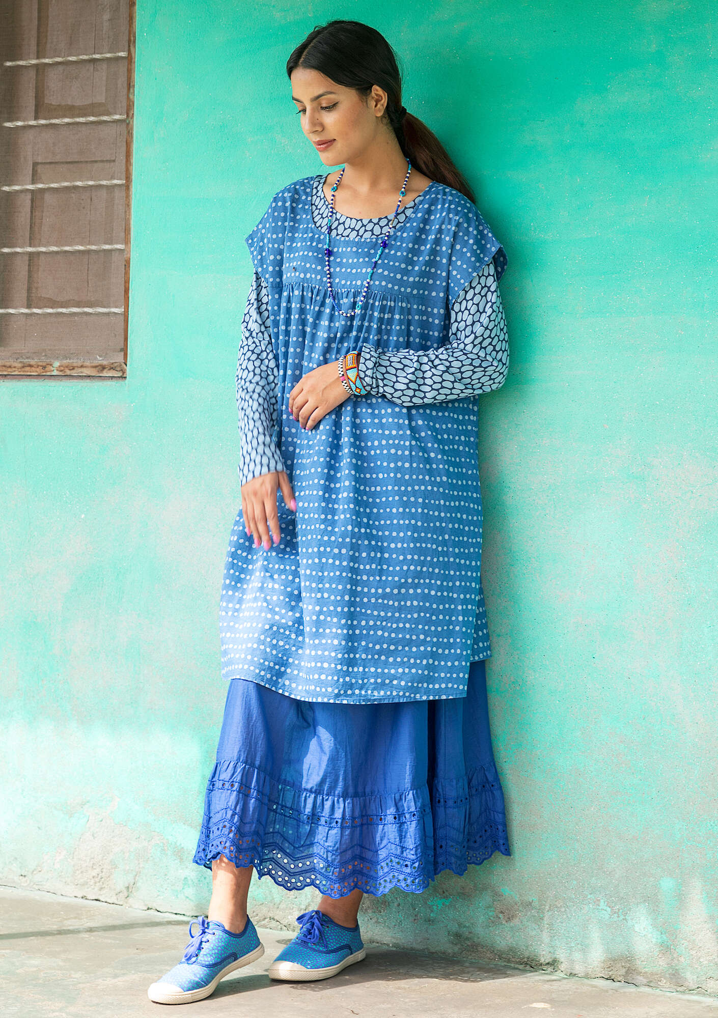 “Keita” woven dress in organic cotton flax blue thumbnail