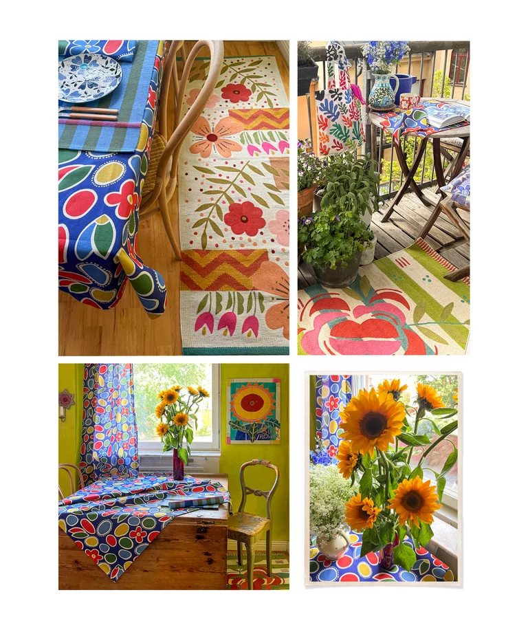 A collage from Gudrun’s home in the city with colorful and patterned tablecloths, curtains and rugs from Gudrun Sjödén. One of the pictures shows a bouquet of sunflowers on a table.
