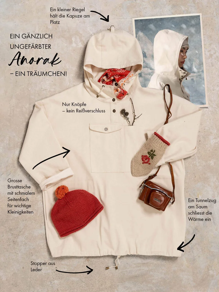 A picture with a white anorak. The picture also has several arrows and text for different details on the jacket.