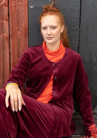 Einfarbige Veloursjacke aus Bio-Baumwolle/Recycling-Polyester - aubergine