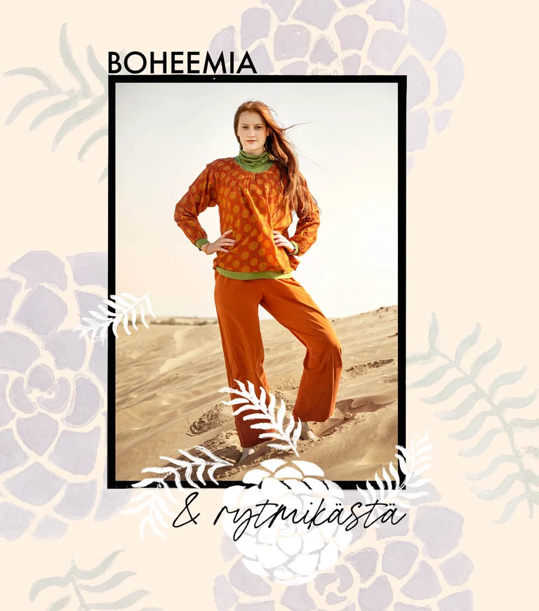 A woman wearing a patterned blouse and orange pants from Gudrun Sjödén.