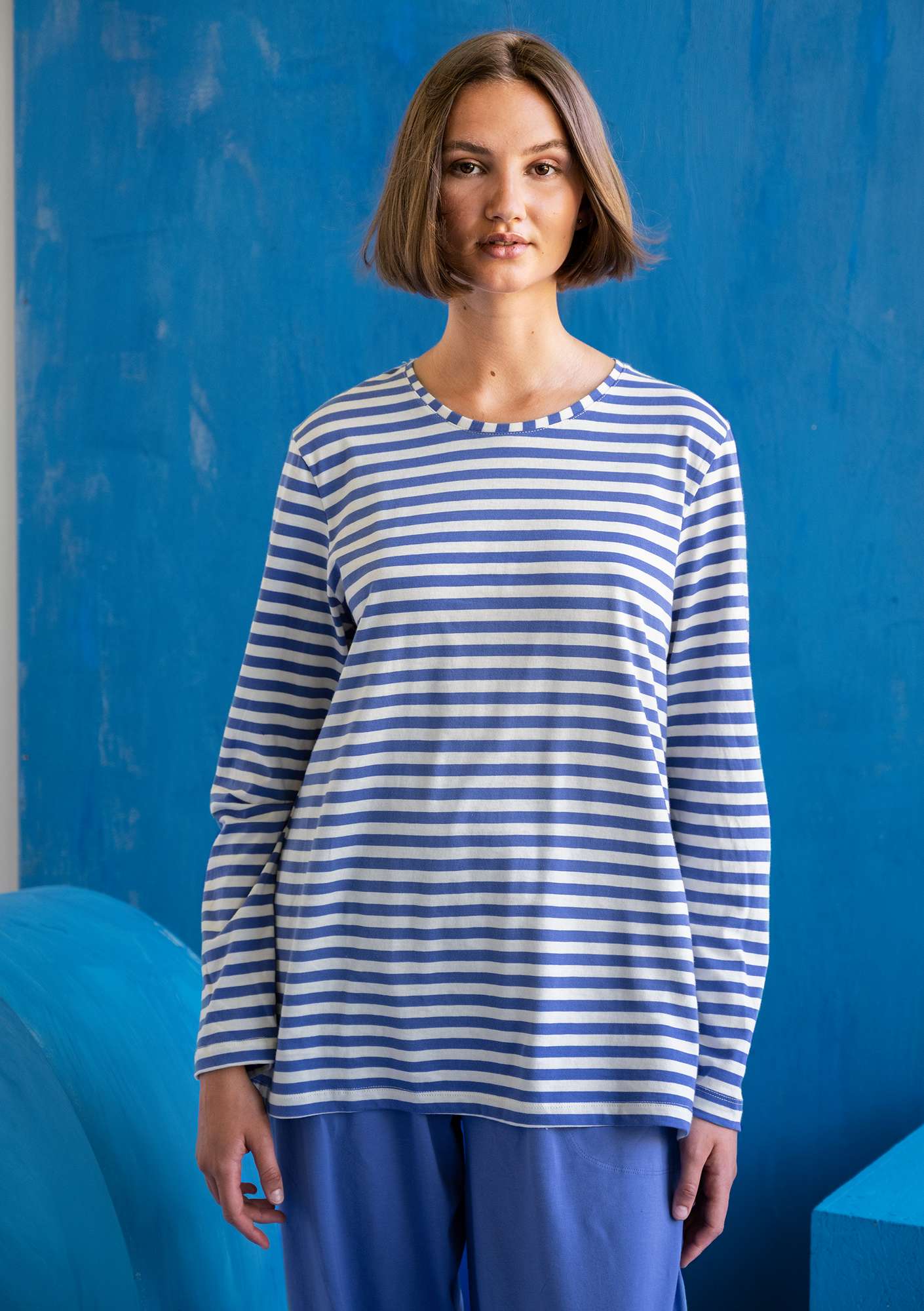 Organic cotton essential striped sweater sky blue/ecru thumbnail