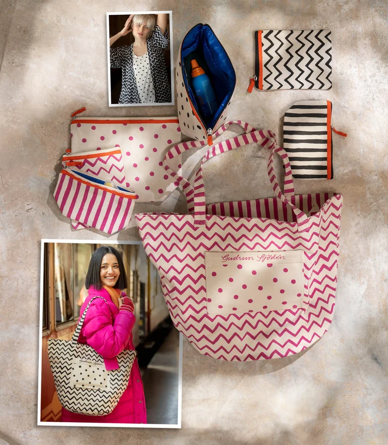 A collage of pictures of women wearing clothing from Gudrun Sjödén together with a patterned fabric tote bag and patterned toiletry bags in different sizes from Gudrun Sjödén.