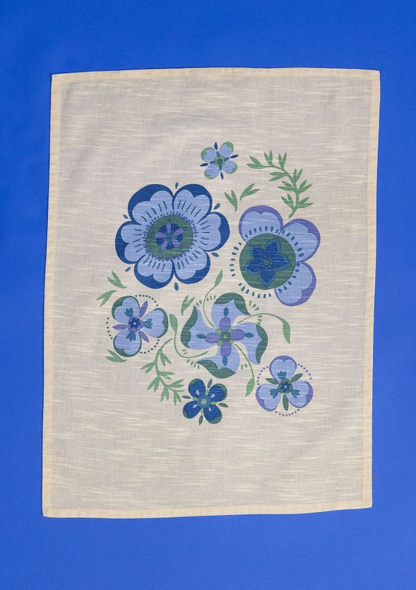 Desert Bloom tea towel flax blue