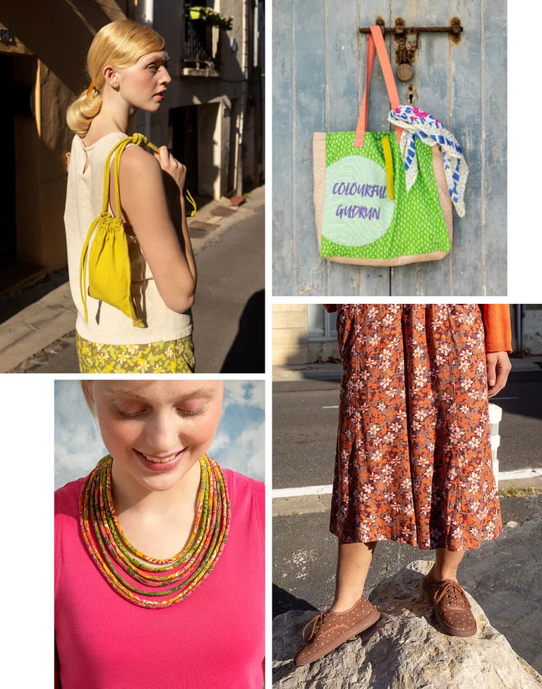 A collage of women wearing various colourful accessories from Gudrun Sjödén.