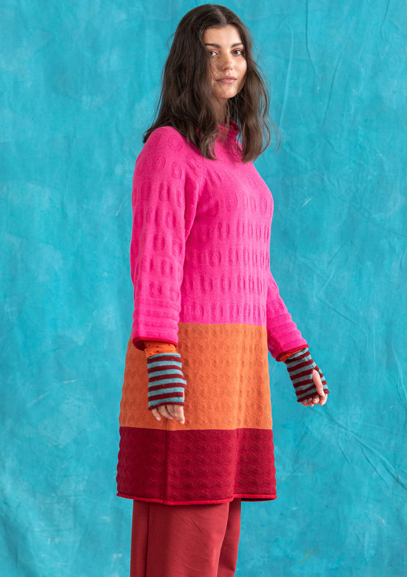 “Rainbow” organic cotton/wool knit tunic  dark peony thumbnail