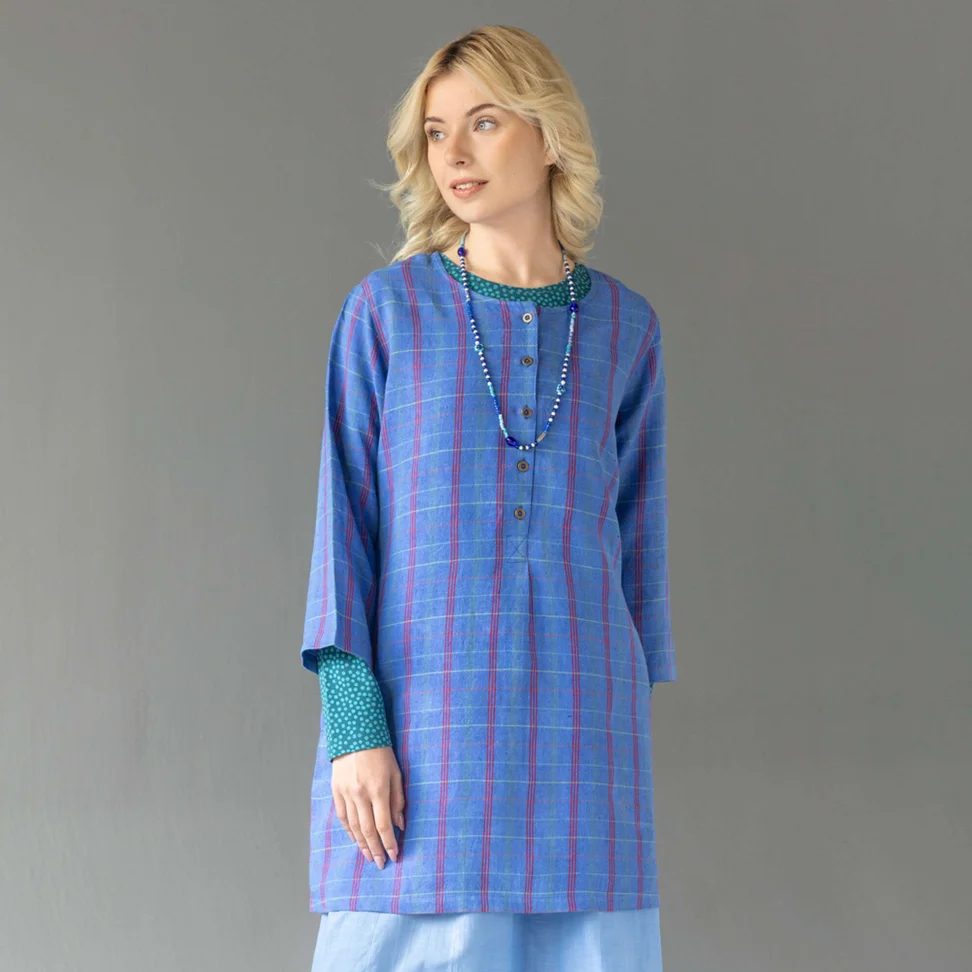 “Sylvi” check/solid-colour linen blouse - flax blue/checked