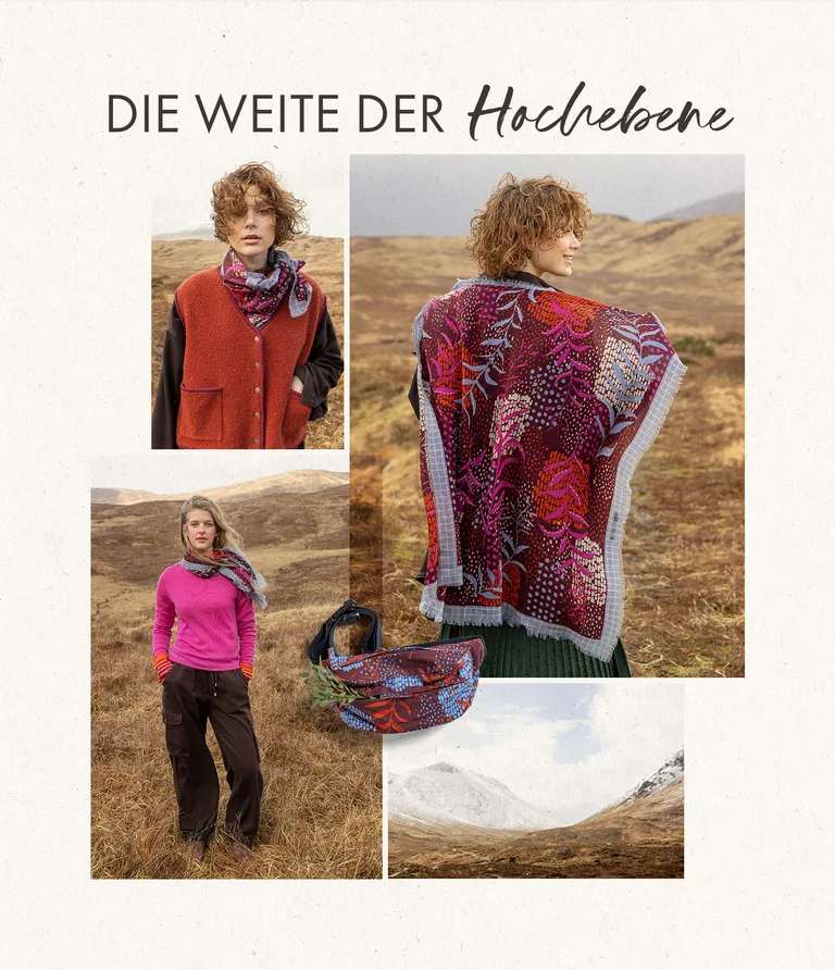 A collage of women wearing clothing and accessories from Gudrun Sjödén. The collage also has an image of a bag and a picture of a mountain setting.