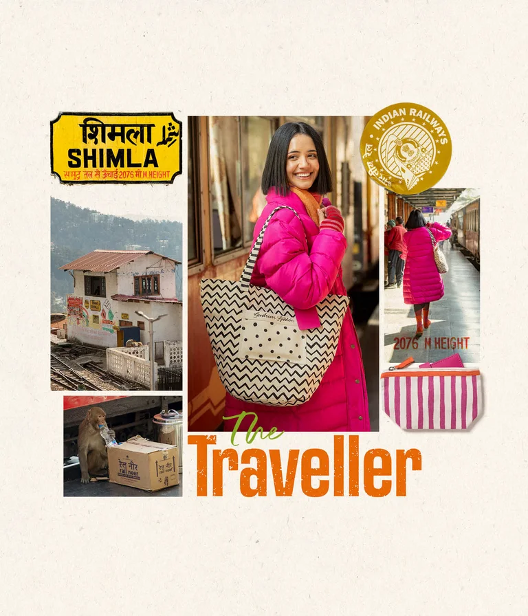 A collage with a woman wearing clothing from Gudrun Sjödén mixed with pictures from India and graphic elements.